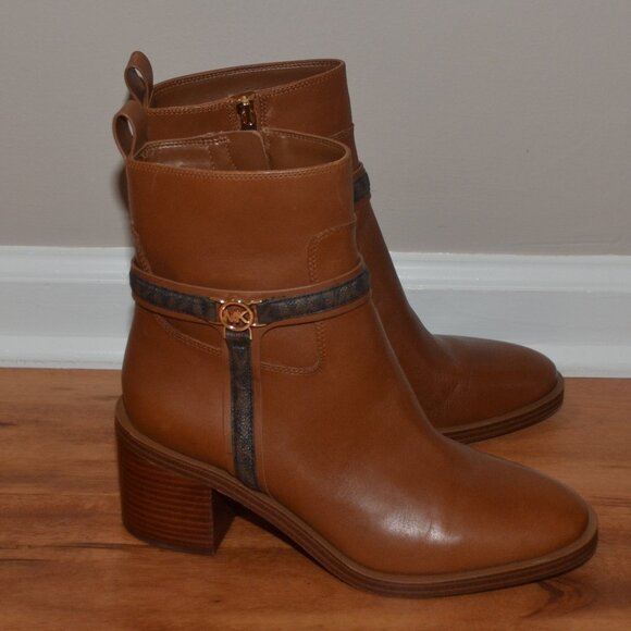 Michael Kors Womens 8.5 Brown Leather Mindy Block Heel Logo Zip Almond Boots - Picture 4 of 14